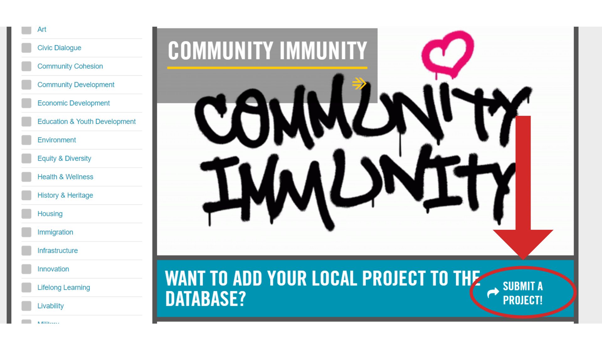 On the left is a list of different topics you can select. On the rest of the page is a large block with an image inside. Below the image is a blue banner with the text 'Want to add your local project to the database?' on the right and on the left, 'Submit a project'. A red arrow points to a red circle encircling the text 'Submit a project'.