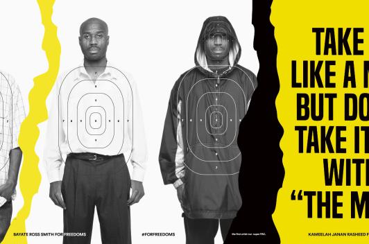 Poster of three people standing side by side. A yellow rip separates one person from the other two. Each person also has a target on their body 