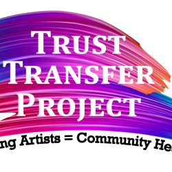 A paint stroke of colors of red, blue, purple, and orange is the background for the words Trust Transfer Project.