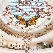 In a large, open atrium with a sky light, a display of monarch butterflies in various sizes hang from the ceiling.