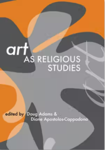 Grey with orange and black designs rectangle with the text "Art as religious studies"