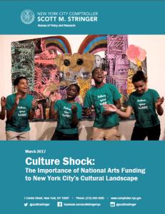 Front cover of "Culture Shock: The Importance of National Arts Funding to New York City’s Cultural Landscape" featuring a photo of four people smiling in front of aa mural.