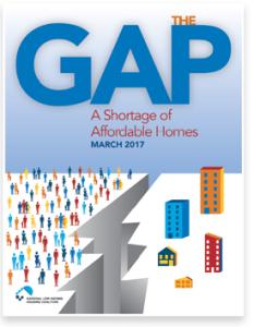 Front cover of "The Gap: A Shortage of Affordable Homes" featuring an image of people on one side of a large gap in the ground with homes on the other side.