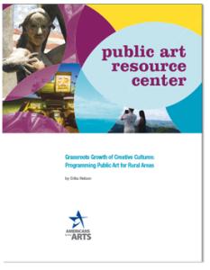 Front cover of Public Art Resource Center featuring blue, purple and yellow shapes with some photos of art interspersed in between