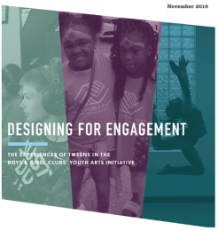 Photo of Youth engaging in arts. White text reads "Designing for engagement, the experiences of tweens in the Boys & Girls Clubs’ Youth Arts Initiative."