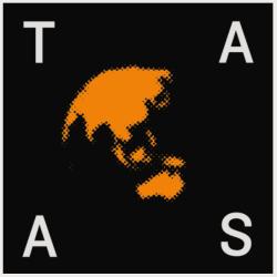 Black square with the outlines of countries in orange and the letters TAAS.