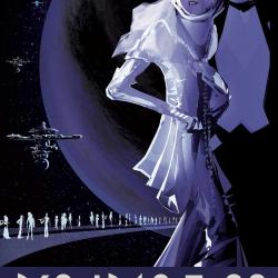 A futuristic drawing in blacks, blues and whites. The drawing features a planet and space ships with people walking on a walk way to the planet.