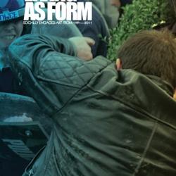 A person in a black jacket holds the shield of a police officer. The text "living as form" is written at the top.