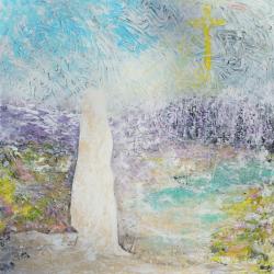 A painting with bright colors and a figure in white looking at a yellow cross.