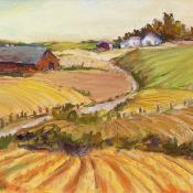 Oil painting of farm land at dusk