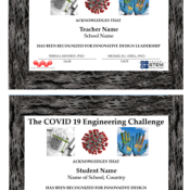 Certificates with images of technology, the covid virus, and hands painted blue. It has the words "The COVID-19 Engineering Challenge"