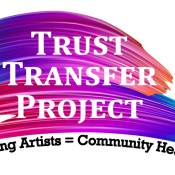 A paint stroke of colors of red, blue, purple, and orange is the background for the words Trust Transfer Project.