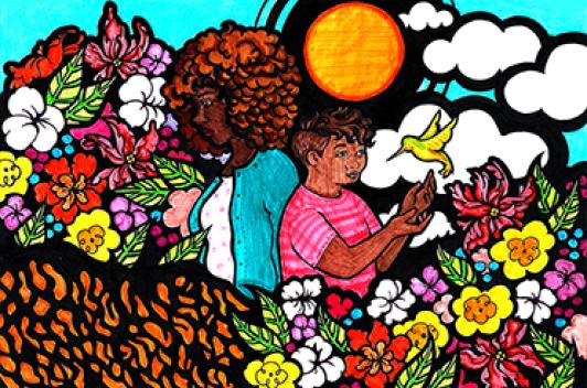 Colorful drawing of two people in a field of flowers with birds