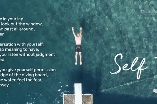 A person diving into a pool, a poem is on the left side and on the right side is the text "self talk, Keith Byler"