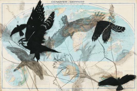 Over top a world map are drawings of birds in darker and lighter shades of black.