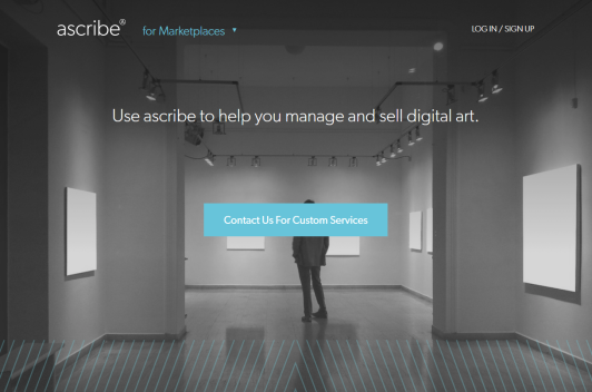 Homepage of ascribe that features a person in a dark hallway with blank canvases on the walls.
