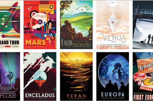 A collage of posters featuring futuristic depictions.
