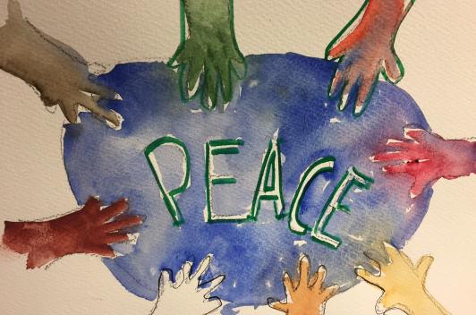 Painting of various hands all reach out to touch a big blue ball with the word "Peace"