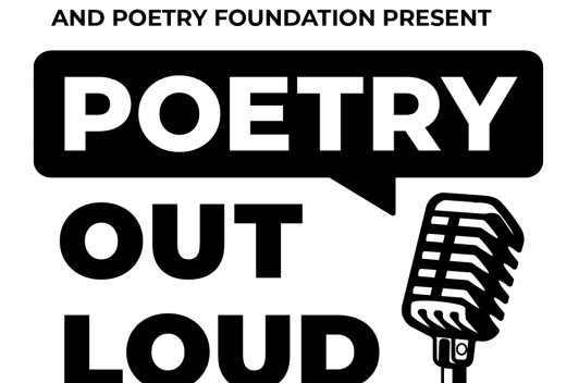 A poster of Poetry Out Loud features a microphone and a word bubble around the word poetry.