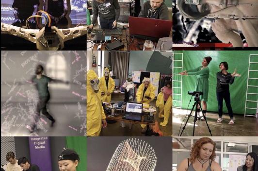 A collage of photos in which people are doing various activities including working with robotics, taking a video and creating models.