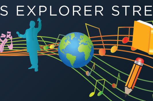 Logo for Arts Explorer Streams. Starting at a tree a line of music flows through a person, the earth, and a book.