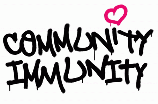 Community Immunity with a heart dotting the i