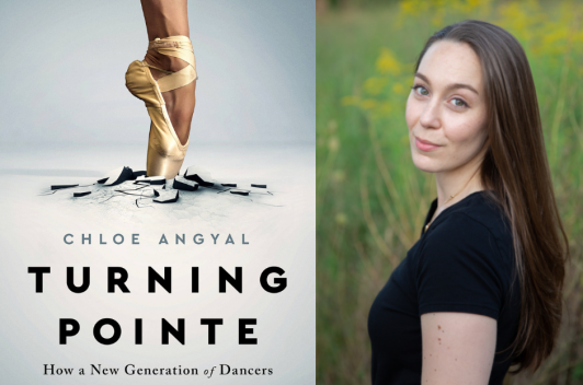 on left a ballet shoes on the cover of the book and a picture of Chloe Angyal on the right