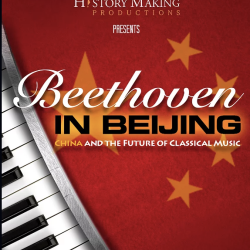 Red background with yellow stars and a piano and the text "Beethoven in Beijing"