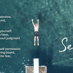 A person diving into a pool, a poem is on the left side and on the right side is the text "self talk, Keith Byler"