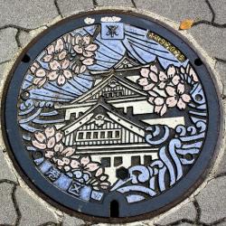 Image of a manhole in Japan and the manhole has the design of a castle on it
