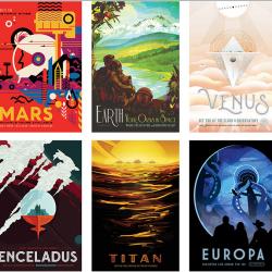 A collage of posters featuring futuristic depictions.