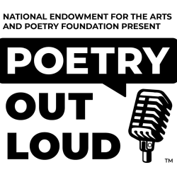 A poster of Poetry Out Loud features a microphone and a word bubble around the word poetry.