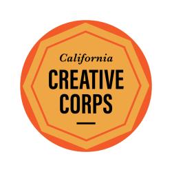 A red circle with an orange hectogon inside. In the orange hectogon are the words "California Creative Corps."