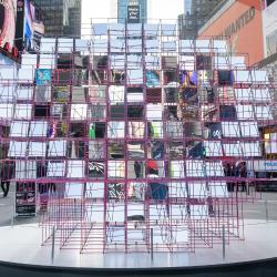 Tilted in various directions within a steel frame that evokes the outline of an anatomic heart, the 125 mirrors of Heart Squared transform the spectacle of Times Square into kaleidoscopic images of people, buildings, and brightly-lit billboards.