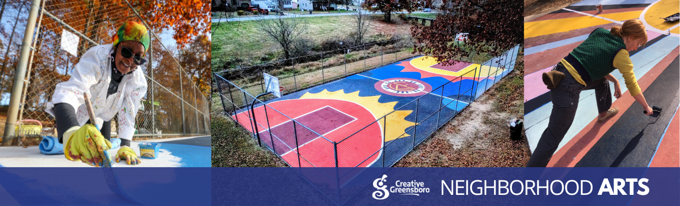 Person painting, colorfully painted basketball court 