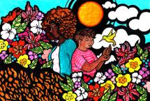 Colorful drawing of two people in a field of flowers with birds