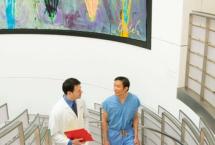 Two doctors walking up steps in a bright stairwell with a painting hanging on the wall behind them
